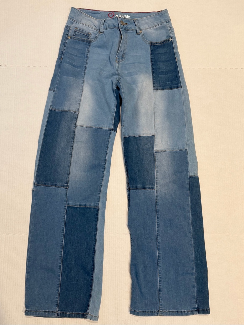 & Lovely Jeans Youth 7 Blue Denim Patchwork Flared Jeans Stretch Hip Fun